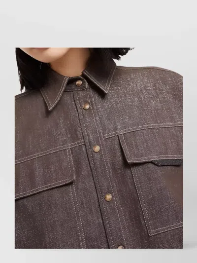 Brunello Cucinelli Brown Shirt With Classic Collar And Monil Detail On The Pocket In Cotton Blend Woman