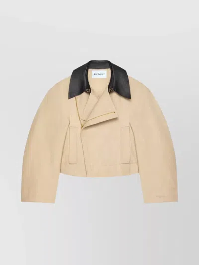 Givenchy Cropped Peacoat With Leather Collar In Cotton And Wool In Neutral