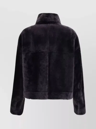 Brunello Cucinelli Grey Shearling Jacket With Two Front Welt Pockets With Zip In Black