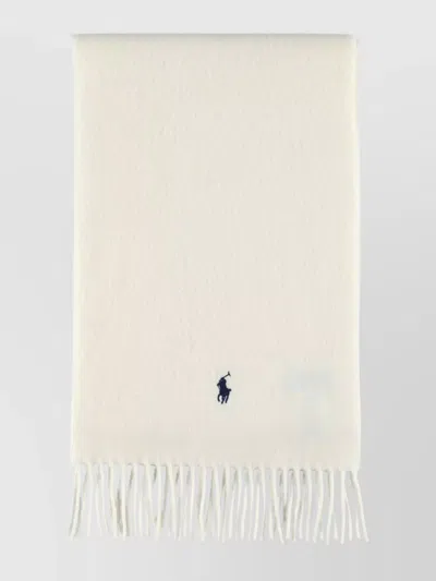 Polo Ralph Lauren Wool Scarf With Fringe Trim And Logo In White
