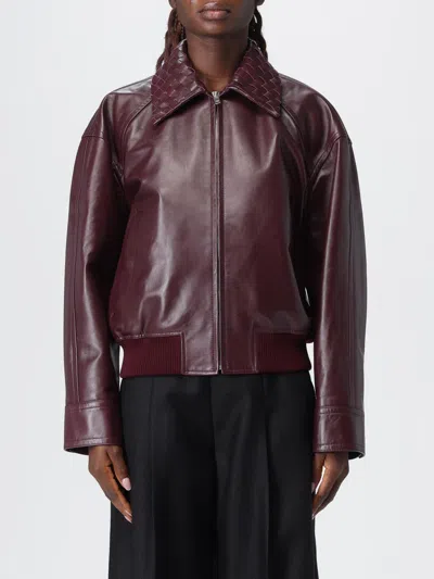 Bottega Veneta Women Bordeaux Crop Jacket With Intreccio Motif Collar And Dropped Shoulders In Leath In Burgundy