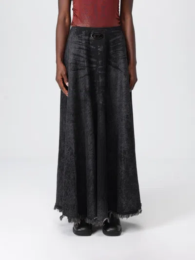 Diesel Full Skirt In Lasered Cotton-hemp Denim In Black