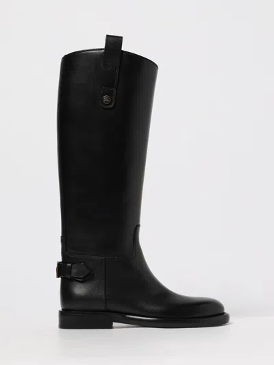 Burberry Women Black Boots With Side Logo Plaque In Leather Woman In Black