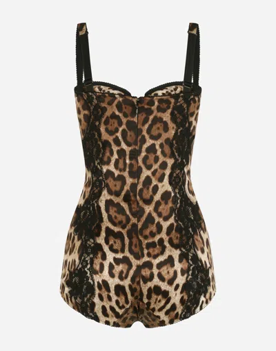Dolce & Gabbana Silk Balconette Lingerie Bodysuit With Leopard-print Lace Details In Multicolor