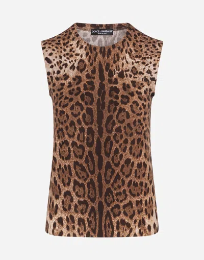 Dolce & Gabbana Sleeveless Wool Sweater With Leopard Print In Animal Print