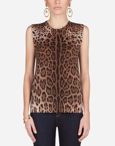 Dolce & Gabbana Sleeveless Wool Sweater With Leopard Print In Animal Print