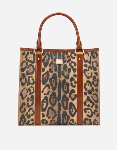 Dolce & Gabbana Leopard-print Crespo Shopper With Branded Plate In Multicolor