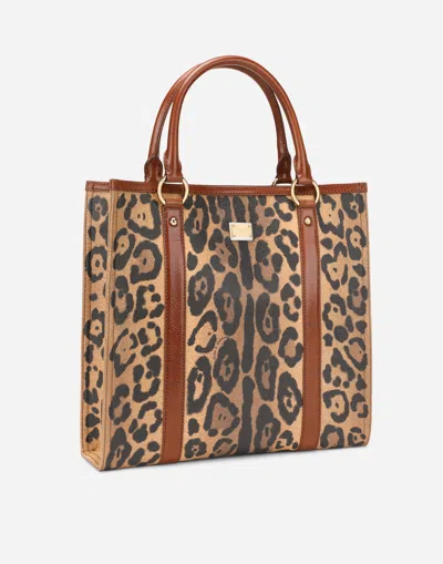 Dolce & Gabbana Leopard-print Crespo Shopper With Branded Plate In Multicolor