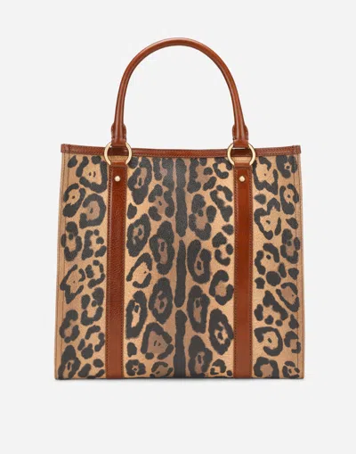 Dolce & Gabbana Leopard-print Crespo Shopper With Branded Plate In Multicolor