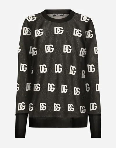 Dolce & Gabbana Sheer Sweater With All-over Dg Logo In Multicolor