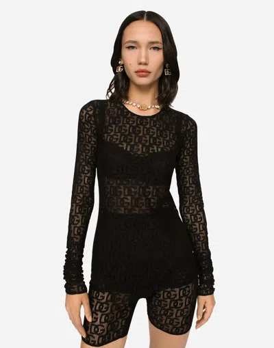 Dolce & Gabbana Tulle T-shirt With All-over Dg Logo In Black