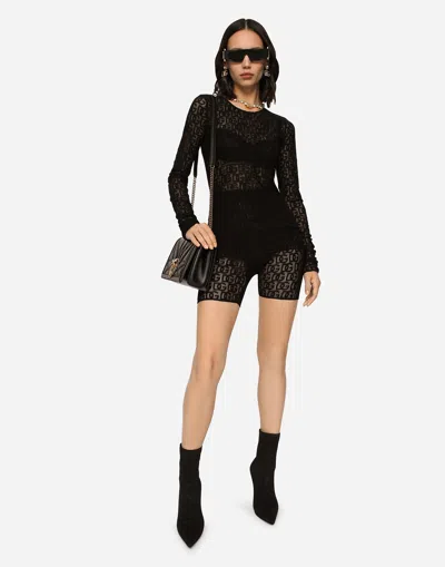 Dolce & Gabbana Tulle T-shirt With All-over Dg Logo In Black