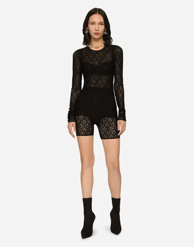 Dolce & Gabbana Tulle T-shirt With All-over Dg Logo In Black