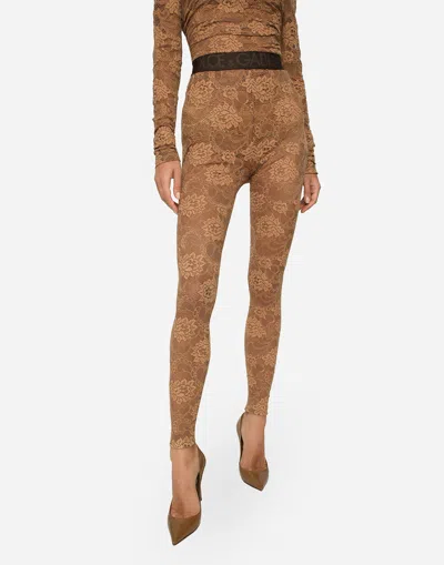 Dolce & Gabbana Lace Leggings With Branded Elastic In Beige