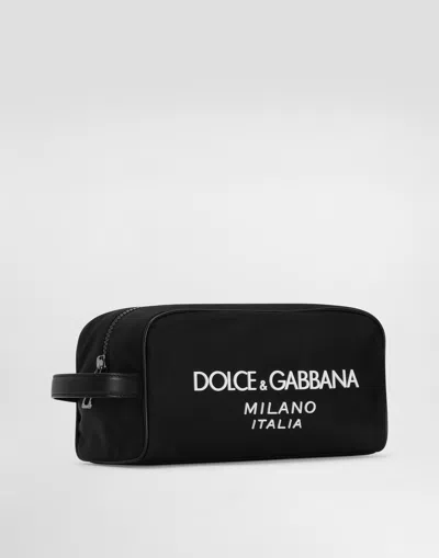 Dolce & Gabbana Nylon Toiletry Bag With Rubberized Logo In Black