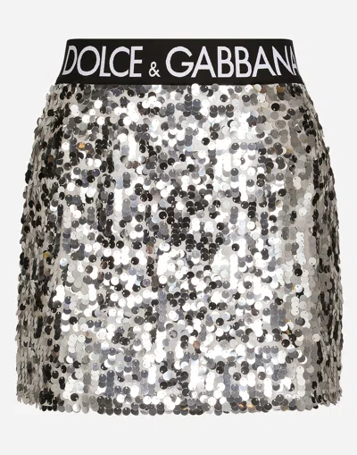 Dolce & Gabbana Sequined Miniskirt With Branded Elastic In Silver