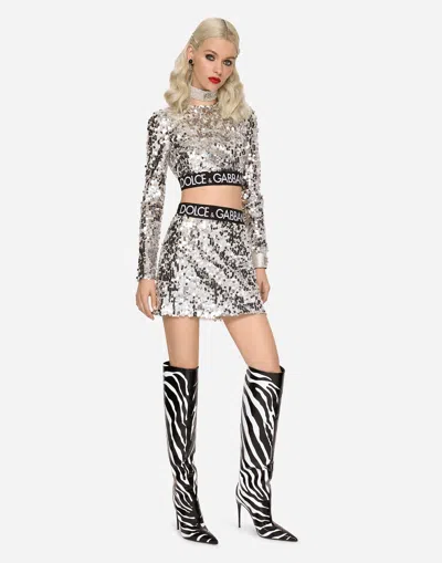 Dolce & Gabbana Sequined Miniskirt With Branded Elastic In Silver