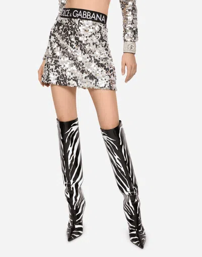 Dolce & Gabbana Sequined Miniskirt With Branded Elastic In Silver