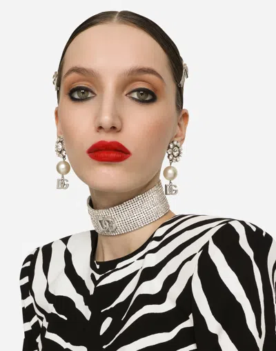 Dolce & Gabbana Earrings With Rhinestones, Pearls And Dg Logo In Silver