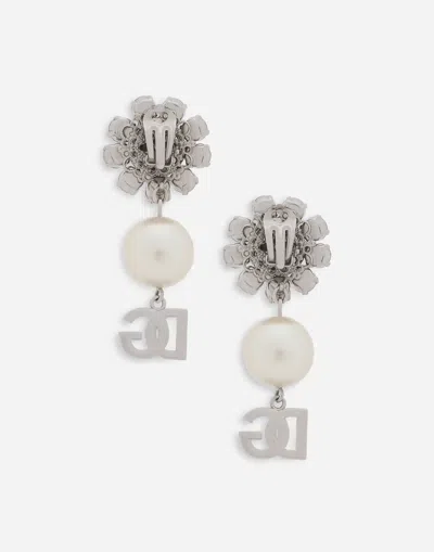 Dolce & Gabbana Earrings With Rhinestones, Pearls And Dg Logo In Silver