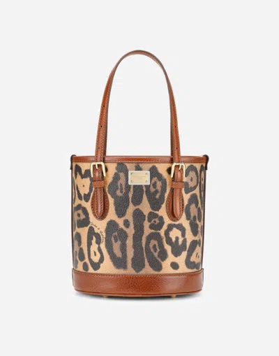 Dolce & Gabbana Small Bucket Bag In Leopard-print Crespo With Branded Plate In Multicolor