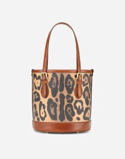 Dolce & Gabbana Small Bucket Bag In Leopard-print Crespo With Branded Plate In Multicolor
