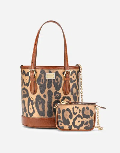 Dolce & Gabbana Small Bucket Bag In Leopard-print Crespo With Branded Plate In Multicolor