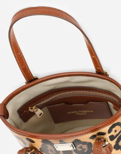 Dolce & Gabbana Small Bucket Bag In Leopard-print Crespo With Branded Plate In Multicolor