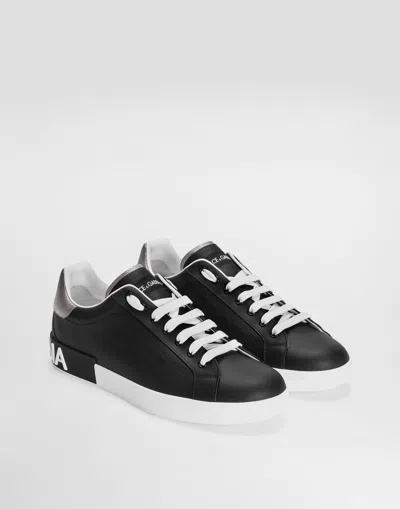 Dolce & Gabbana Portofino Sneakers In Black Leather With Silver Inserts Dolce E Gabbana