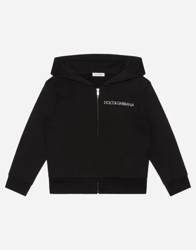 Dolce & Gabbana Kids' Jersey Hoodie With Logo Embroidery In Black
