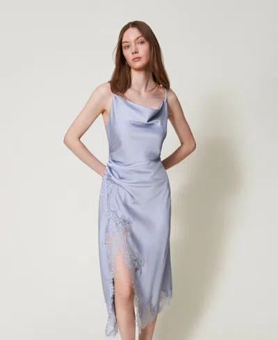 Twinset Robe Midi En Satin Et Dentelle In Blue