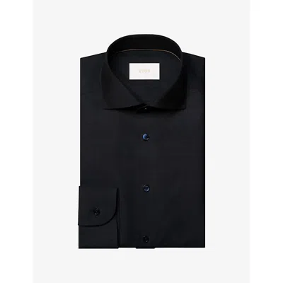 Eton Mens Navy Blue Solid Slim-fit Merino-wool Shirt In Black