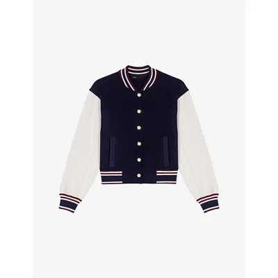 Maje Womens Navy Ribbed-collar Two-tone Wool Bomber Jacket In Blue