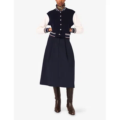 Maje Womens Navy Ribbed-collar Two-tone Wool Bomber Jacket In Blue