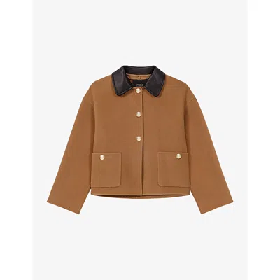 Maje Womens Camel Contrast-collar Double-faced Wool-blend Coat In Brown