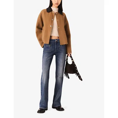 Maje Womens Camel Contrast-collar Double-faced Wool-blend Coat In Brown