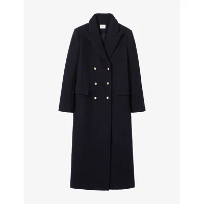 Claudie Pierlot Womens Navy Long Lapel-collar Double-breasted Wool Coat In Black