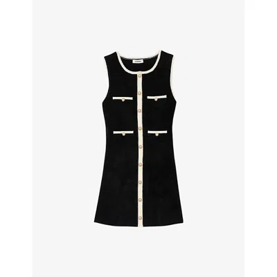 Sandro Womens Black Round-neck Button-down Stretch-velvet Mini Dress In Black