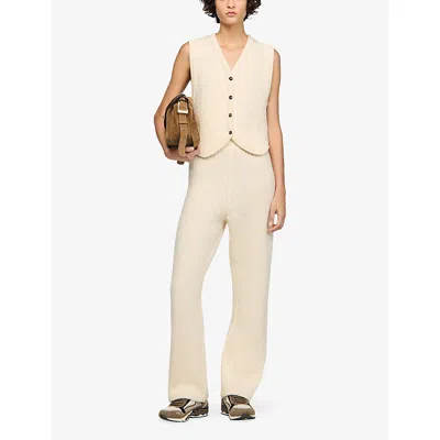 Sandro Womens Ecru V-neck Cable-knit Wool-blend Jacket In Brown