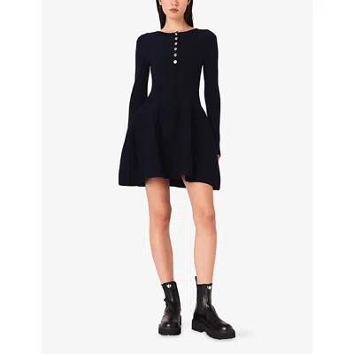 Maje Womens Navy Round-neck Flared-skirt Stretch-knit Mini Dress In Blue