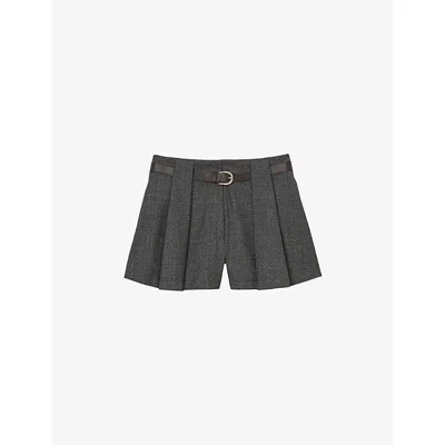 Sandro Womens Light Grey Belted-waist High-rise Pleated Stretch-woven Shorts In Gray