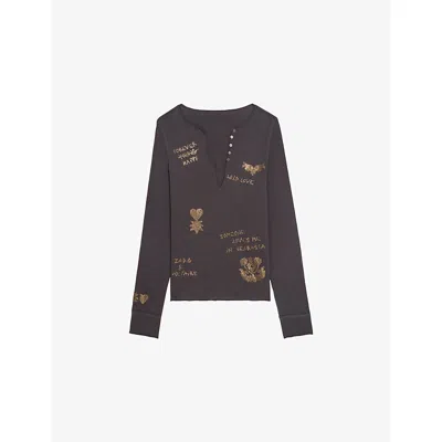 Zadig & Voltaire Womens Dark Chocolate Tuni Henley-collar Rhinestone-embellished Cotton T-shirt In Brown