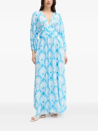 Melissa Odabash Leaf-print Pleated Maxi Dress In Blue