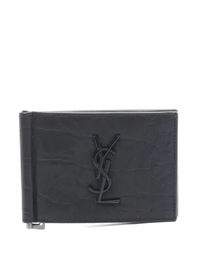 Pre-owned Saint Laurent Ysl-plaque Bi-fold Wallet In Black