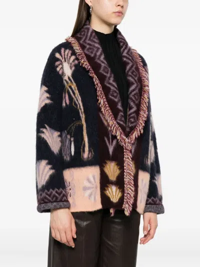 Forte Forte Sogni Multicolor Cardigan With Fringed Details And All-over Geometric Motif In Wool Blend Woman In Multi
