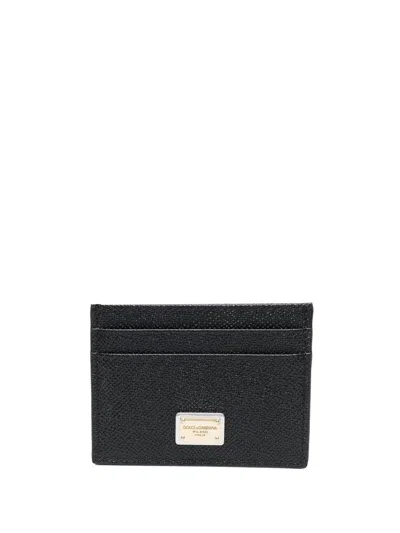 Dolce & Gabbana Black Leather Card Holder With Logo Plaque In Brown