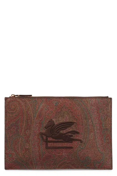 Etro Logo Print Flat Pouch In Brown