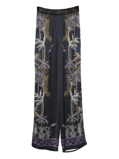Forte Forte Wide-leg Trousers With Botanical Embroidery In Blue