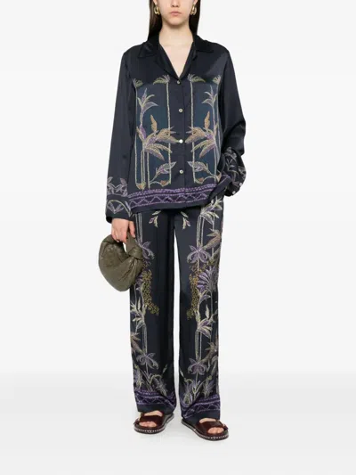 Forte Forte Wide-leg Trousers With Botanical Embroidery In Blue