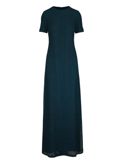 Akris Flower Grid Embroidered Gown With Back Godet In Blue